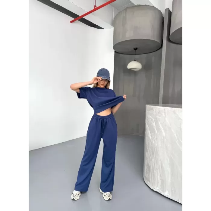 Osy Modal Yumuşak Dokulu Kumaş Kısa Kollu Bluz Rahat Pantalon ikili Takım- Lacivert
