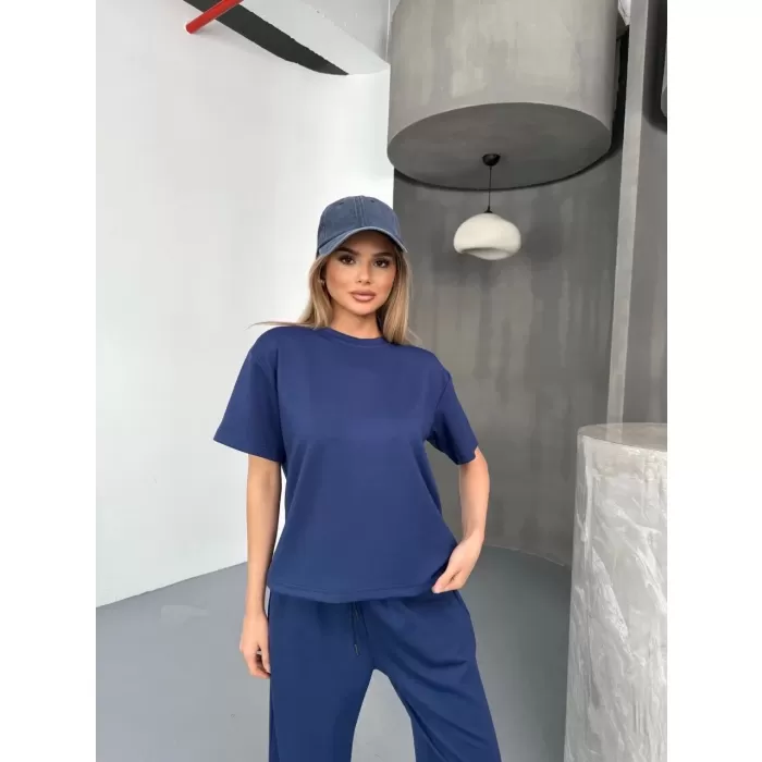 Osy Modal Yumuşak Dokulu Kumaş Kısa Kollu Bluz Rahat Pantalon ikili Takım- Lacivert