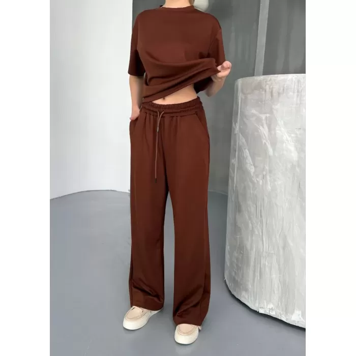 Osy Modal Yumuşak Dokulu Kumaş Kısa Kollu Bluz Rahat Pantalon ikili Takım- Kahverengi