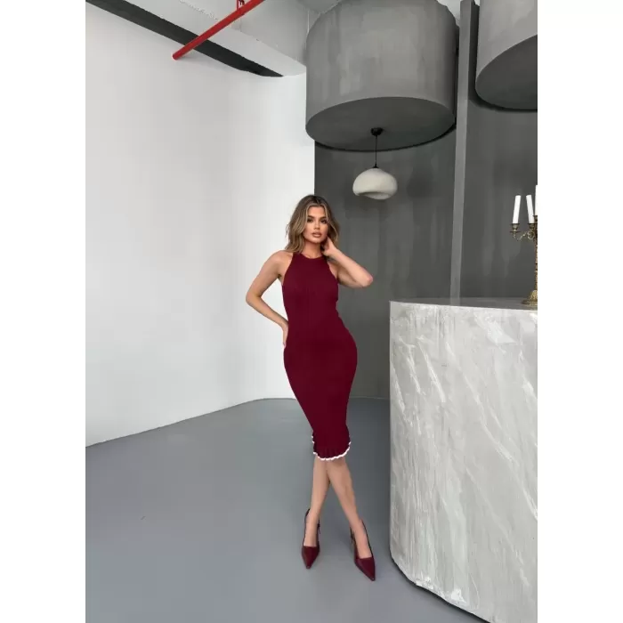 Fırfır Detaylı Triko Elbise- Bordo