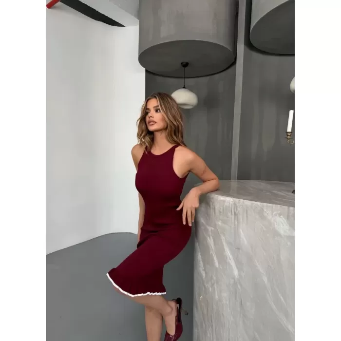 Fırfır Detaylı Triko Elbise- Bordo