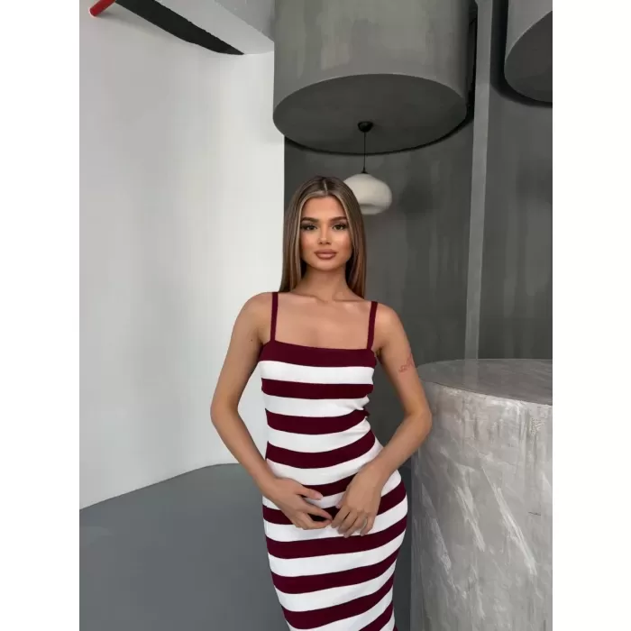 Cizgili Triko Askılı Elbise- Bordo