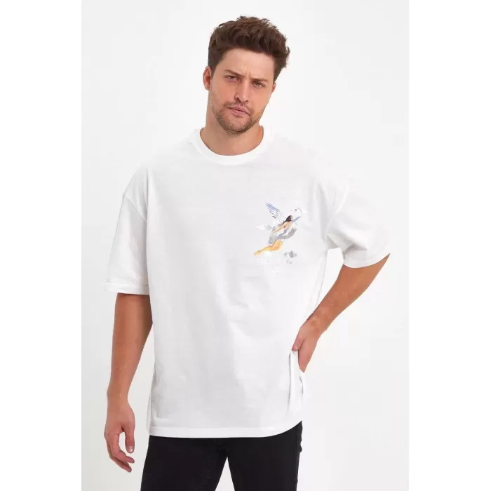 Erkek Melek Baskılı Oversize T-shirt - Beyaz
