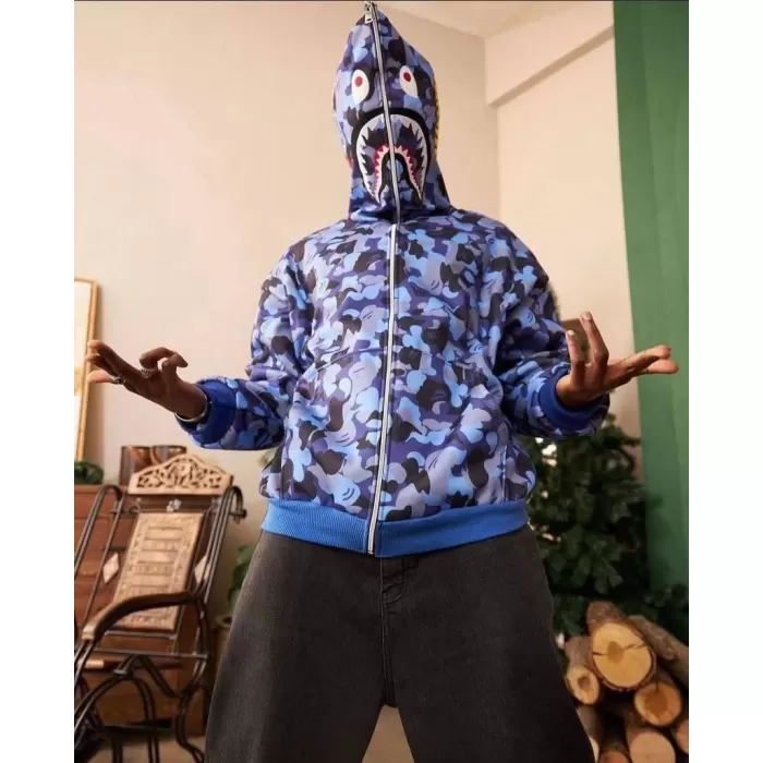 Unisex 2 İplik Bape Kapüşonu Fermuarlı Hırka - Mavi