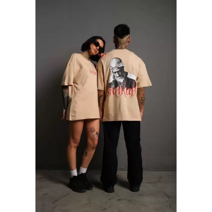 Erkek Sırt Baskılı Oversize T-shirt - Bej