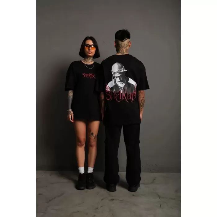 Erkek Sırt Baskılı Oversize T-shirt - Siyah