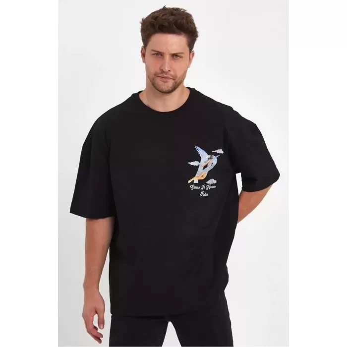 Erkek Melek Baskılı Oversize T-shirt - Siyah