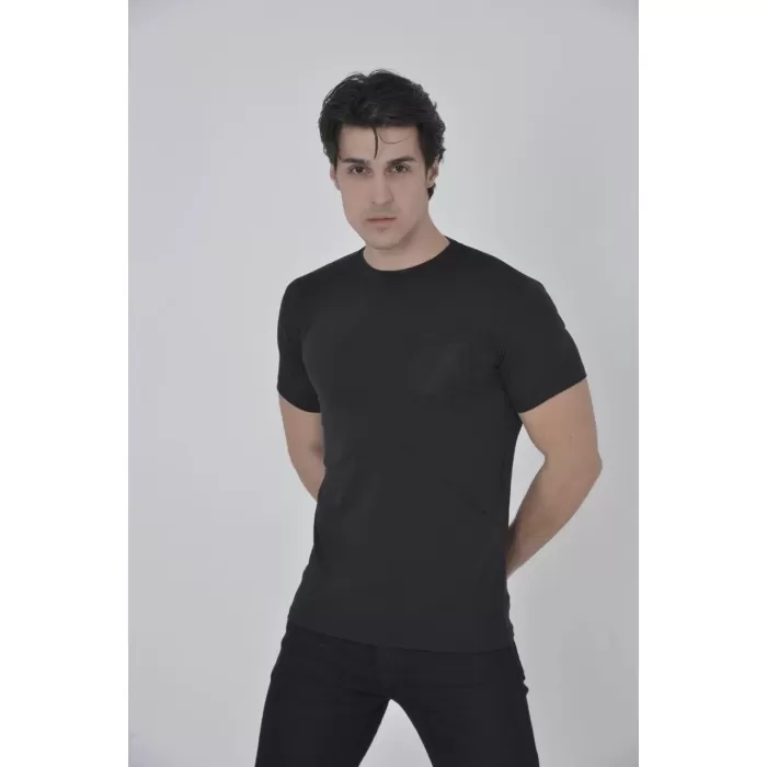 Erkek File Cepli Slim fit T-shirt - Siyah