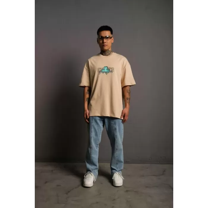Erkek Sırt Baskılı T-shirt - Bej