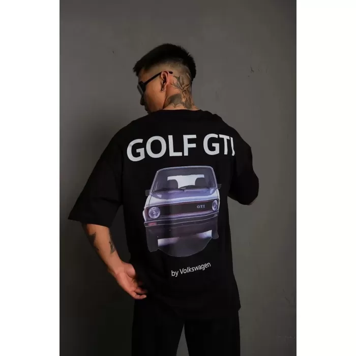 Erkek Sırt Baskılı Bisiklet Yakalı Oversize T-Shirt - Siyah