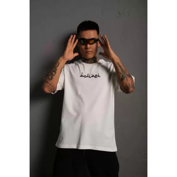 Erkek Bisiklet Yakalı Sırt Baskılı Oversize T-Shirt - Beyaz