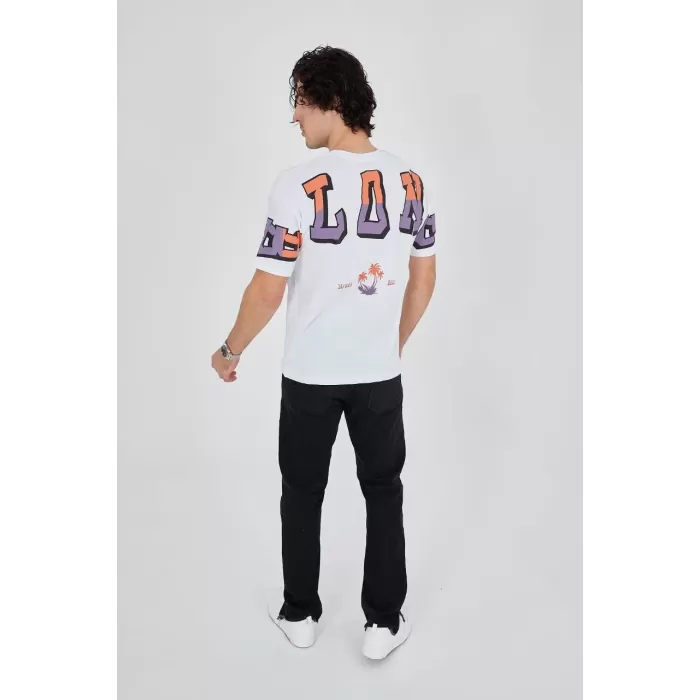 Erkek Ön ve Arka Baskılı T-Shirt - Beyaz