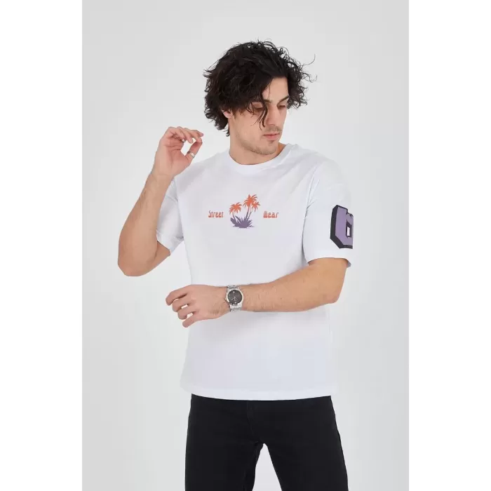 Erkek Ön ve Arka Baskılı T-Shirt - Beyaz