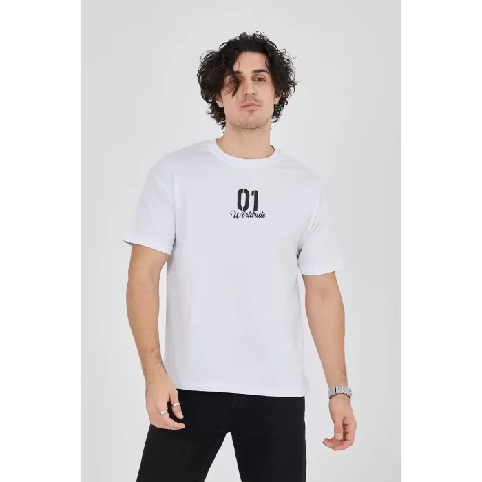 Erkek Bisiklet Yakalı Baskılı T-Shirt - Beyaz