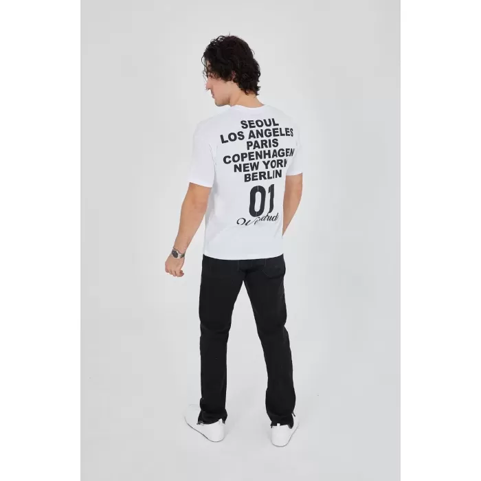 Erkek Bisiklet Yakalı Baskılı T-Shirt - Beyaz