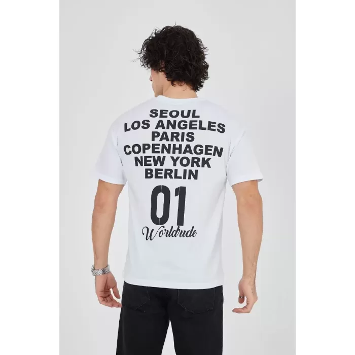 Erkek Bisiklet Yakalı Baskılı T-Shirt - Beyaz