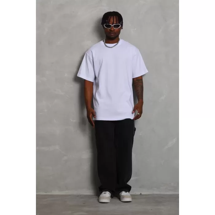 Unisex Oversize Düz Bisiklet Yaka T-Shirt - Beyaz
