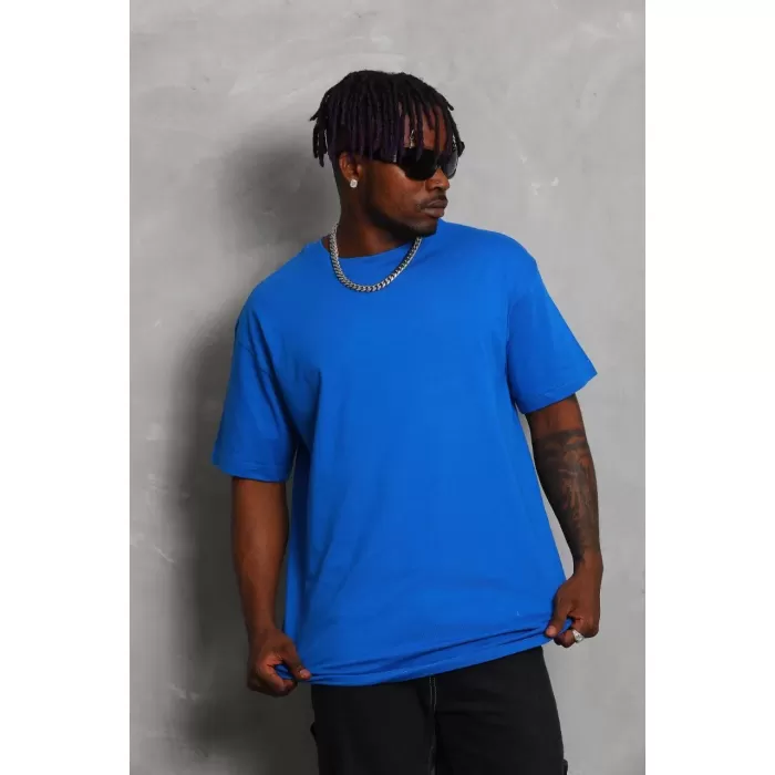 Unisex Oversize Düz Bisiklet Yaka T-Shirt - Mavi