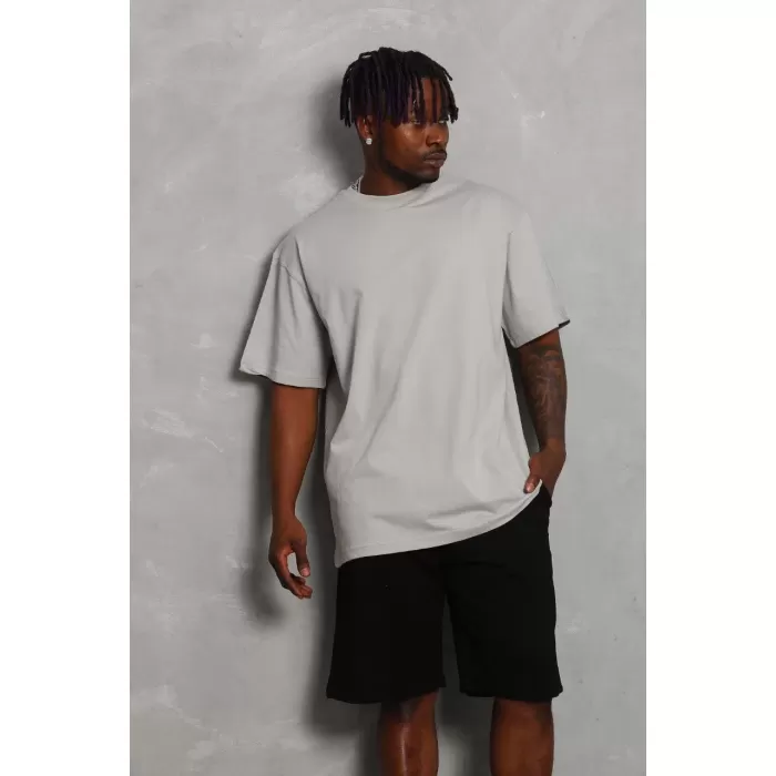 Unisex Oversize Düz Bisiklet Yaka T-Shirt - Gri