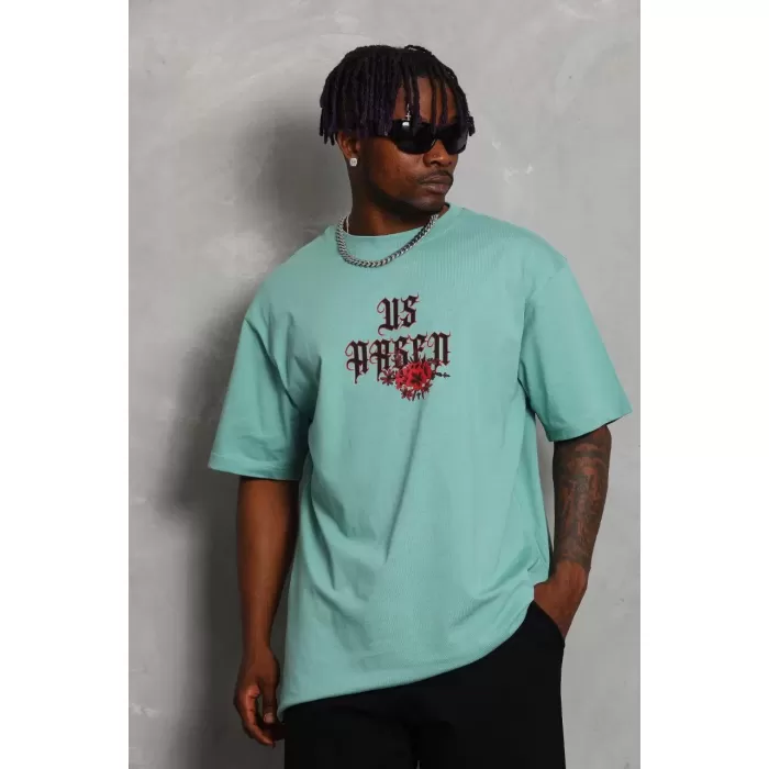 Unisex Oversize Baskılı Bisiklet Yaka T-Shirt - Mint Yeşili