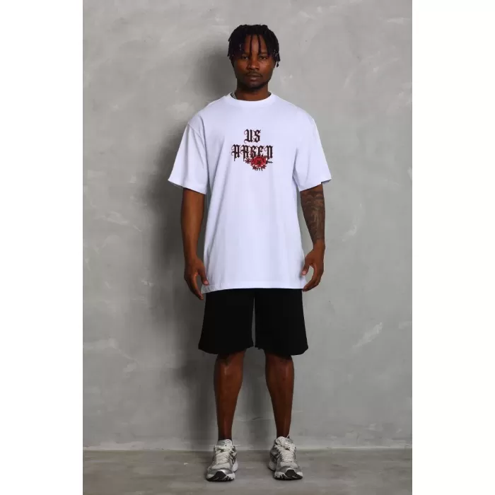 Unisex Oversize Baskılı Bisiklet Yaka T-Shirt - Beyaz