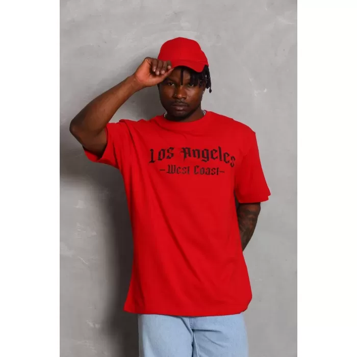 Unisex Oversize Baskılı Bisiklet Yaka T-Shirt - Kırmızı