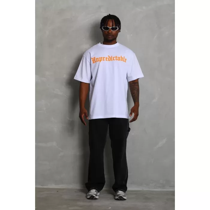 Unisex Oversize Baskılı Bisiklet Yaka T-Shirt - Beyaz