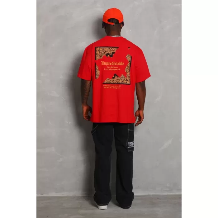 Unisex Oversize Baskılı Bisiklet Yaka T-Shirt - Kırmızı