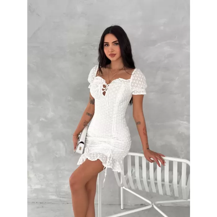 Göğüs Bağlamalı Mini Elbise - Beyaz