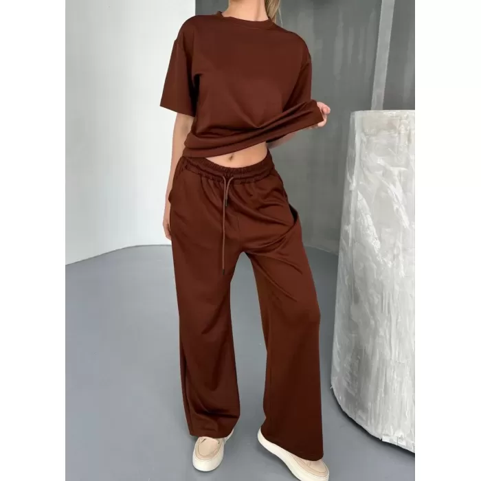 Osy Modal Yumuşak Dokulu Kumaş Kısa Kollu Bluz Rahat Pantalon ikili Takım- Kahverengi
