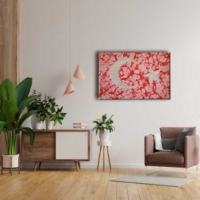 Turk Bayrakli Ebru Kanvas Tablo