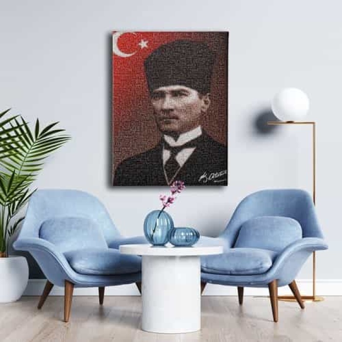 Turk Bayrakli - Imzali Ataturk Portresi Kanvas Tablo