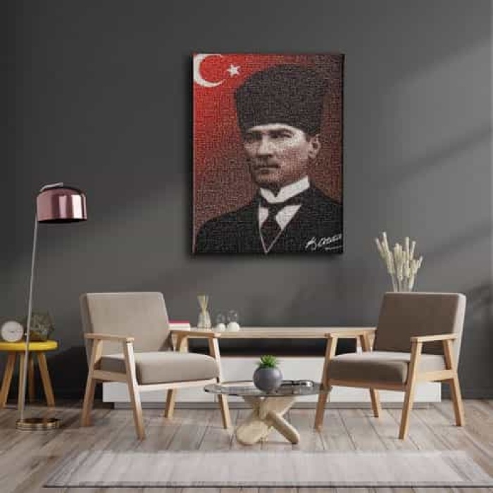 Turk Bayrakli - Imzali Ataturk Portresi Kanvas Tablo