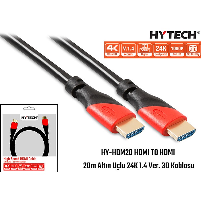 Hytech HY-HDM20 Hdmi To Hdmi 20m Altın Uçlu 24k 1.4 Ver 3d Kablosu