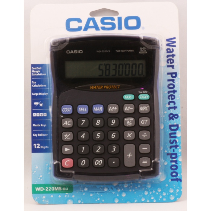 Casio WD-220MS-BU 12 Hane Suya-Toza Dayanıklı Masa Üstü Hesap Makinesi