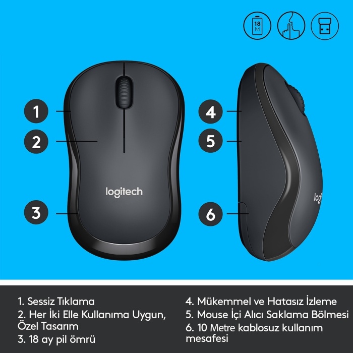 Logitech B220 Silent Sessiz Charcoal Kablosuz Mouse