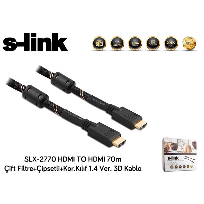 S-link SLX-2770 HDMI TO HDMI 70m Çift Filtre+Çipsetli+Kor.Kılıf 1.4 Ver. 3D Kablo