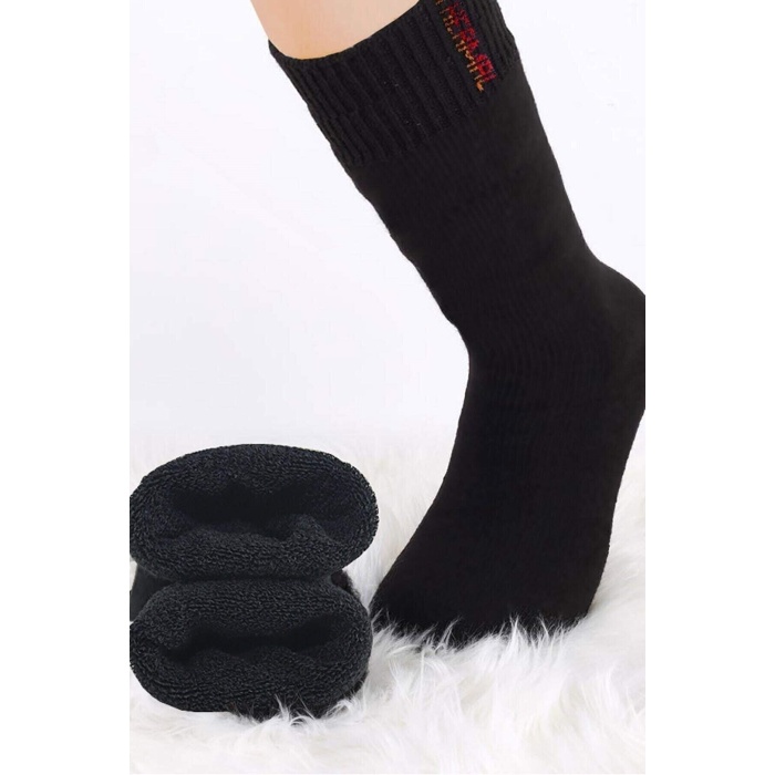 TOPTANBULURUM Siyah Termal Kalın Kışlık Havlu Çorap Erkek Kadın Unisex Pamuk