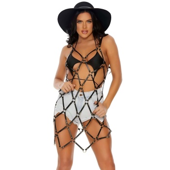 Baklava Dilimi Detaylı Şık Siyah Deri Pareo - APFT844