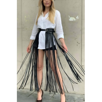 Yüksek Bel Şık Deri Püsküllü Seksi Etek - APFT1003