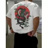20/1 Penye Compack Ön Arka Ejder Baskılı Oversize Bisiklet Yaka T-shirt - Beyaz