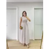 Kolsuz Göğüs Lastıklı %100 Poplin Uzun Elbise - Gri