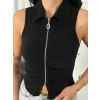 Yakalı Tam Fermuarlı Kolsuz Bluz - Siyah