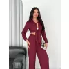 Yakalı Düğmeli Uzun Kollu Gömlek Pantolon ikili Takım - Bordo