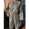 Kadın Uzun Kollu Yakalı Gömlek Pantalon Takım- Gri