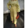 Kadın Uzun Kollu Yakalı Gömlek Pantalon Takım- Sarı