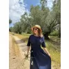 Kadın Keten Kısa Kollu uzun  Elbise - Lacivert