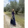 Kadın Keten Kısa Kollu uzun  Elbise - Lacivert