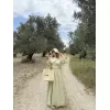 Kadın Keten Kısa Kollu uzun Elbise - Mint Yeşili