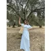 Kadın Keten Kısa Kollu uzun Elbise - Bebek Mavisi